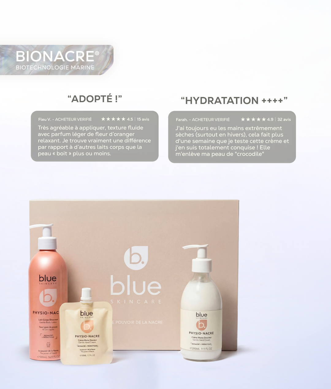 Présentation du coffret Perles de Douceur Physio Nacre, une routine hydratante pour le corps et les mains adaptée aux peaux sèches et sensibles.