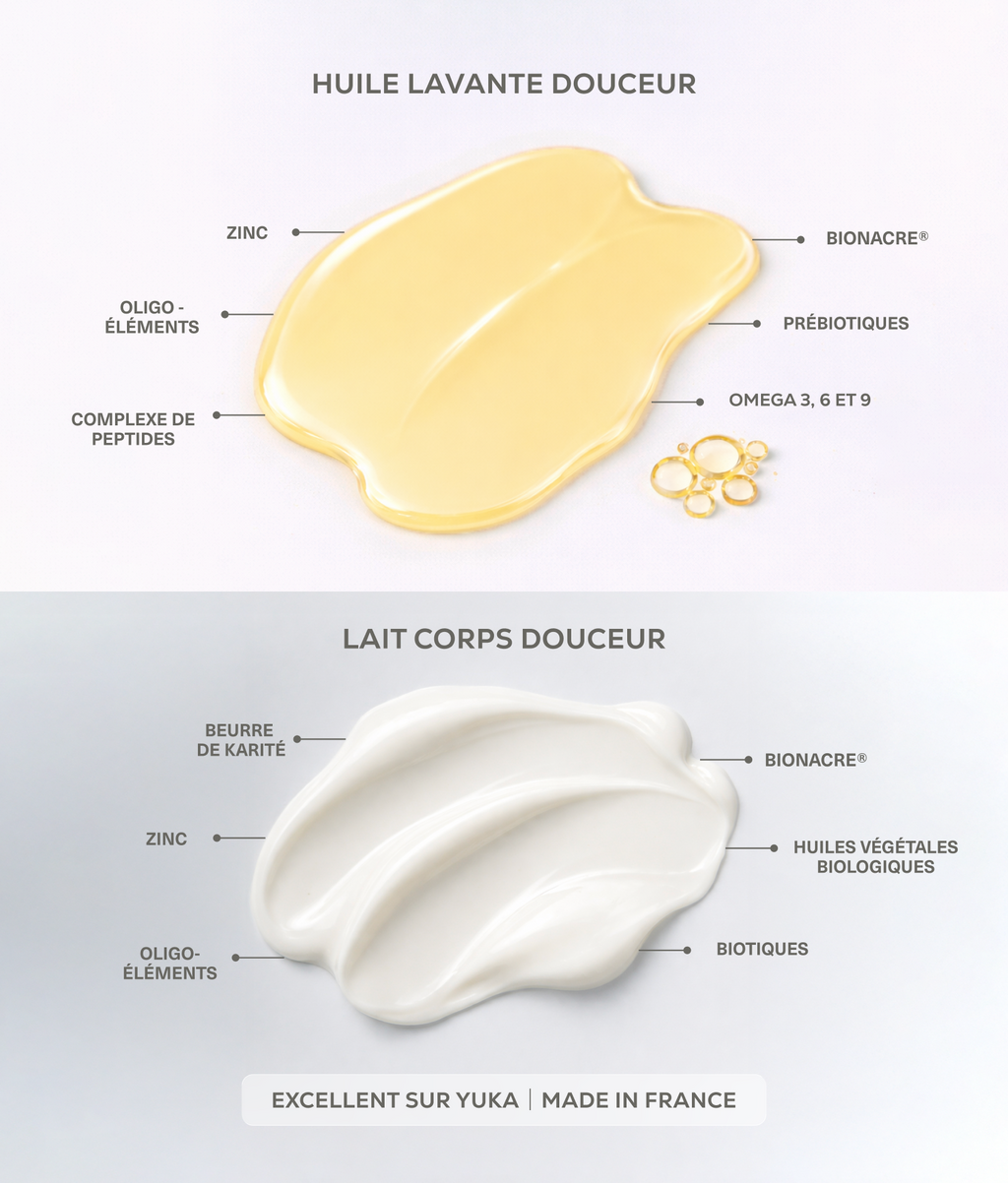 Textures de l’huile lavante douceur et du lait corps douceur Physio Nacre illustrant une routine de soins hydratante et apaisante pour la peau sèche et sensible.